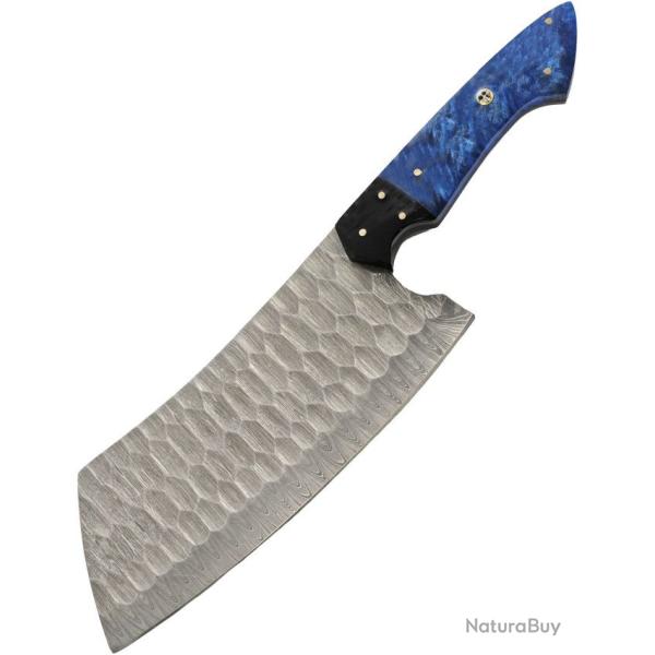 Couteau Couperet Blue Crystal Cleaver Lame Acier Damas Manche R�sine Bleu Noir �tui Cuir DM1436