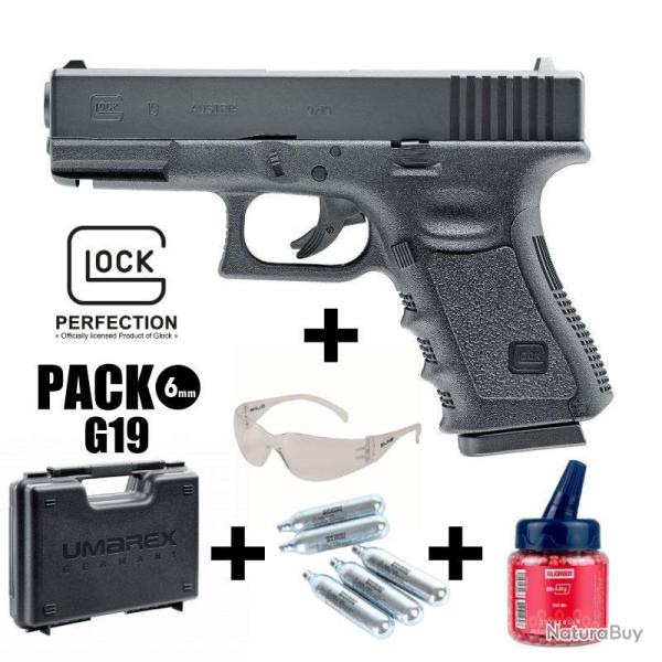 PISTOLET GLOCK 19 Noir - Culasse fixe - 6 mm BB - CO� 2J Arme en pack pr�t � jouer