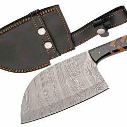 Couteau Couperet Lame Acier Damas Manche Bois Fa&ccedil;on Marquetterie Bleu/Marron &Eacute;tui Cuir DM1432
