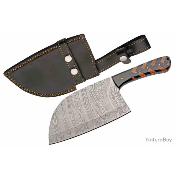 Couteau Couperet Lame Acier Damas Manche Bois Fa�on Marquetterie Bleu/Marron �tui Cuir DM1432