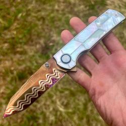 Magnifique couteau pliant acier damas multi barreau luxe collection poche nacr&eacute; custom # 331