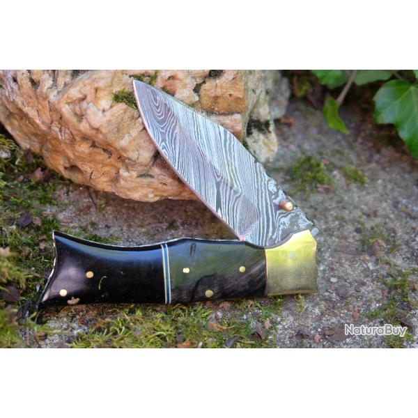 Beau Couteau Lame 128 Couches Acier Damas Manche Poisson B�lier & R�sine Fab Artisanale Linerlock 01