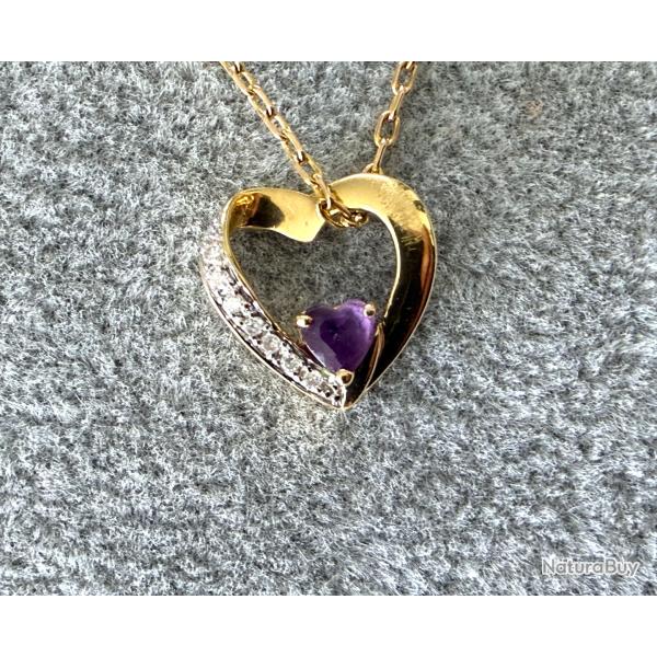 Collier en or massif 18 carats avec pendentif coeur am�thyste et diamants