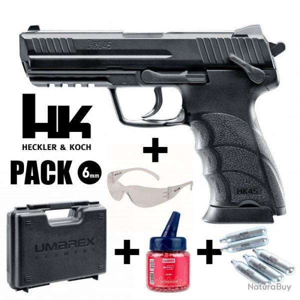PISTOLET HECKLER & KOCH HK45 Noir - Culasse fixe - 6 mm BB - CO� Arme en pack pr�t � jouer