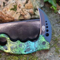 Couteau Karambit Semi AUtomatique Serpent Lame Griffe Acier Black Manche Abs Black & Green Linerlock