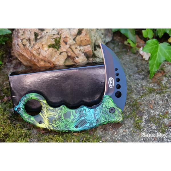 Couteau Karambit Semi AUtomatique Serpent Lame Griffe Acier Black Manche Abs Black & Green Linerlock