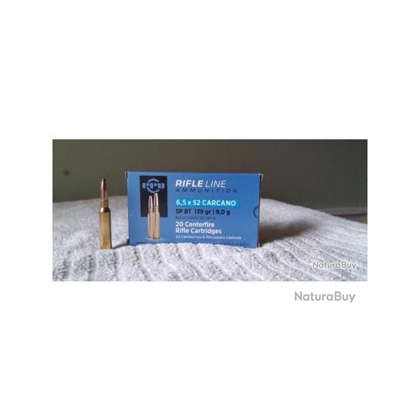 Munitions 6.5x52 Carcano pointe SPBT,(Soft Point Boat Tail)139 grains, 9 grammes boite de 20 cartou