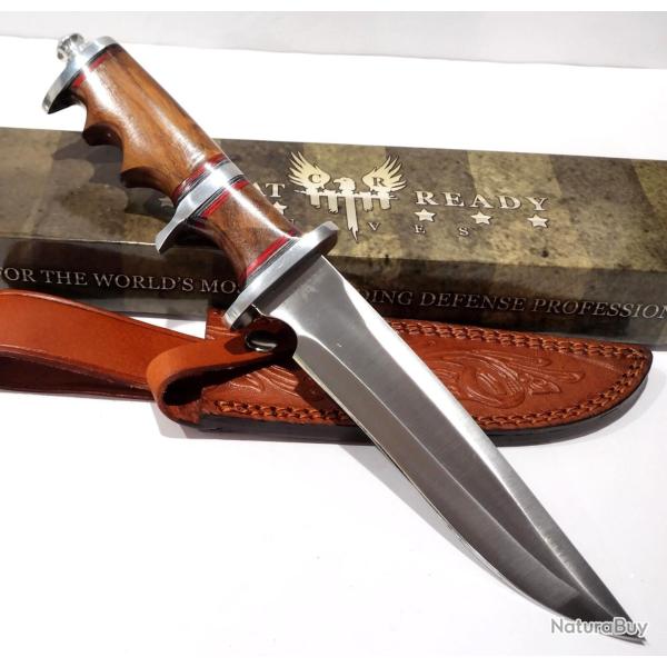 Couteau Tactical Combat Ready Sub Hilt Fighter Lame Acier 440 Manche Bois Etui Cuir r111