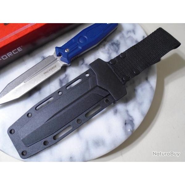Couteau Tac-Force Tactical | Lame Acier 3Cr13 Satin Double Edge Tanto | Manche Blue Nylon | Housse N
