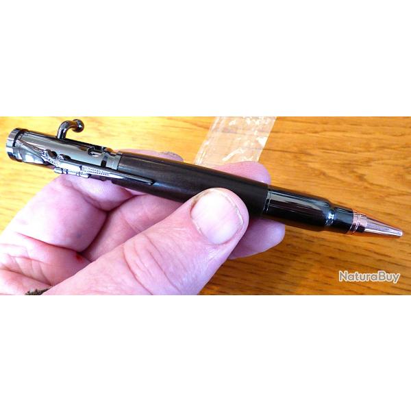 STYLO BILLE EN LAITON, FORME BALLE + FUSIL - FANTAISIE EN STYLO - CHROME ANODISE FONC�- CUIVRE+ BOIS