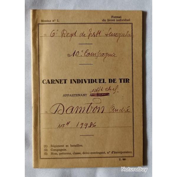 Carnet de Tir Adjudant Chef 6�me R�giment Tirailleurs S�n�galais