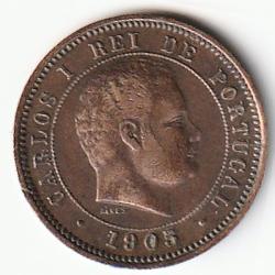 Pi&egrave;ce de Monnaie Portugal 5 r&eacute;is - Charles Ier 1905 Recherch&eacute;e Bronze