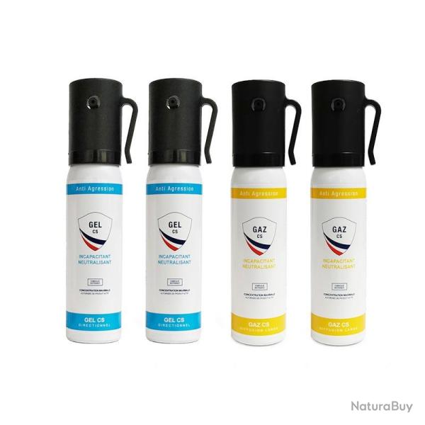 Pack 4 Bombes Lacrymog�nes Gel + Gaz 25ml Auto D�fense