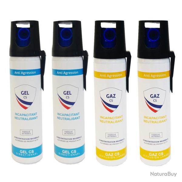 Pack 4 Bombes Lacrymog�nes Gel + Gaz 75ml Auto-D�fense