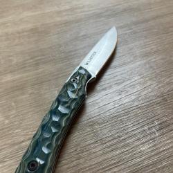 COUTEAU Wildsteer TROLL PLIANT Pakawood bleu vert toxifi&eacute; pochette cuir