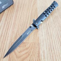 Couteau Stiletto Tactical Urban MTech O/A Lame Spear Point Acier 3Cr13MoV Manche Alu Noir Liner 42BK