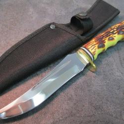 Couteaux de Chasse Survie Lame Acier Inox Manche Abs Fa&ccedil;on Bois de Cerf Etui Nylon 0914
