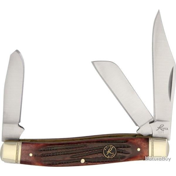 Couteau Roper Knives Tobacco Stockman Lame Acier 1065 carbone Manche Os jigged Slip Joint RP0001CTB