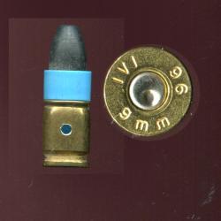 9 mm Parabellum de tir r&eacute;duit &agrave; r&eacute;armement assist&eacute; - &eacute;tui laiton et plastique bleu