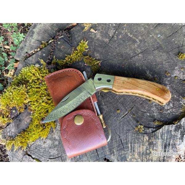 Forg� � la Main Couteau de poche Pliant Artisanal Damas 128 couches Housse Cuir v�ritable