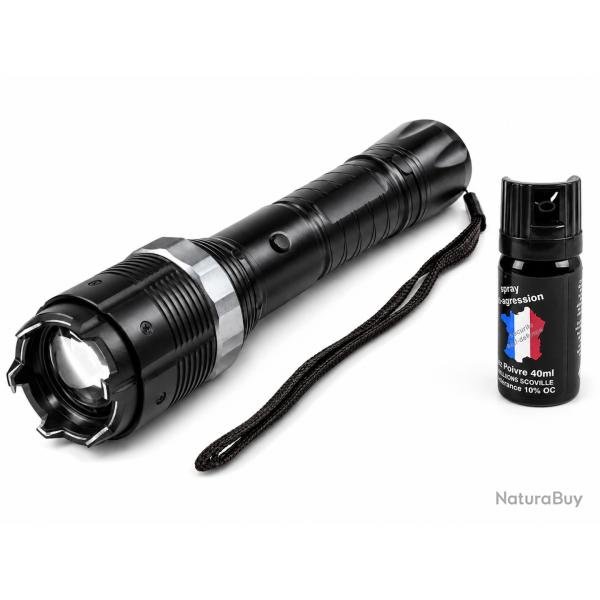 PACK auto-d�fense Shocker lampe LED rechargeable 4 000 000 V + Bombe gaz poivre 40ml