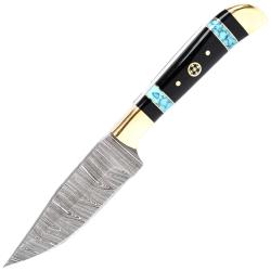 Couteau de chasse lame damas de manche Turquoise et bois