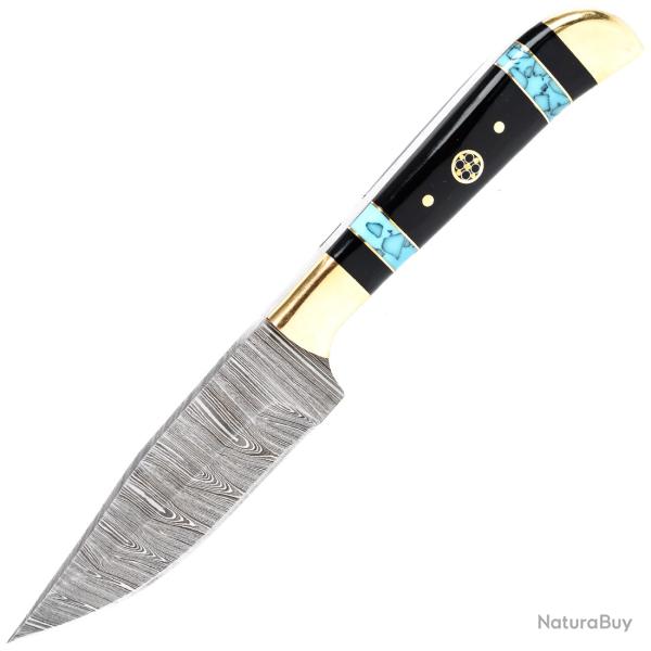 Couteau de chasse lame damas de manche Turquoise et bois