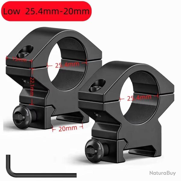 Colliers/Anneaux 20mm Rail Weaver/Picatinny BAS Large 15mm Diam�tre 25.4mm Lunette de Vis�e lampes
