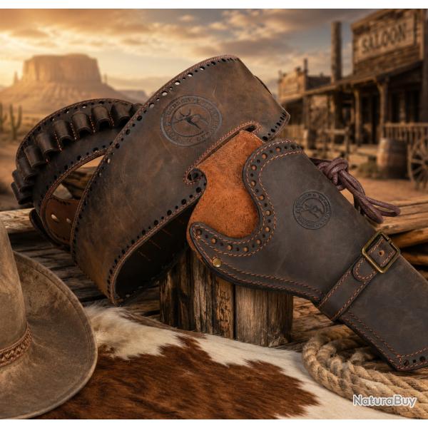Holster Western en Cuir V�ritable avec Ceinture Porte-Cartouches 20 Coups