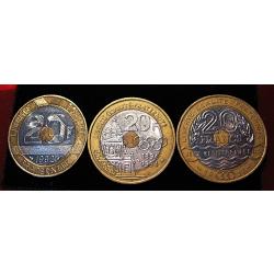 3 pieces de 20 francs bim&eacute;tal (jeux m&eacute;dit-Coubertin-Mt st Michel)