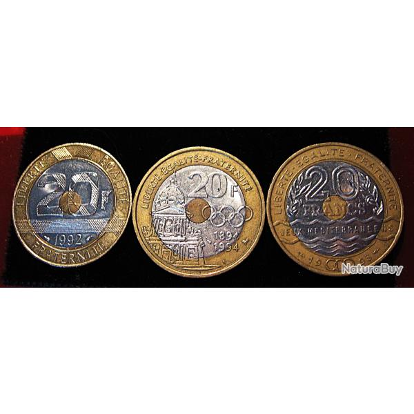 3 pieces de 20 francs bim�tal (jeux m�dit-Coubertin-Mt st Michel)