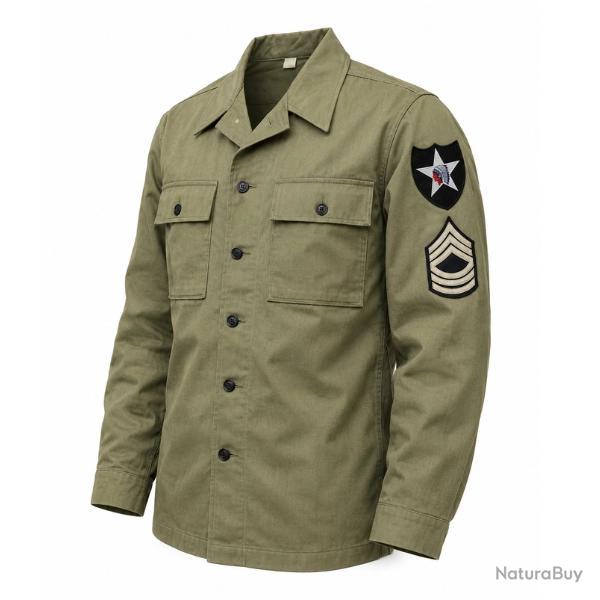 Chemise HBT US WWII OD3 luxe - Patch Division & Grade au choix L