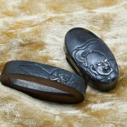 Superbe parure Fuchi Kashira &eacute;cole Hamano de p&eacute;riode EDO
