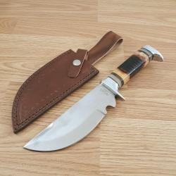 Gros Couteau de Chasse Bowie Bushcraft Lame Acier Carbone Manche Os Etui Cuir 005