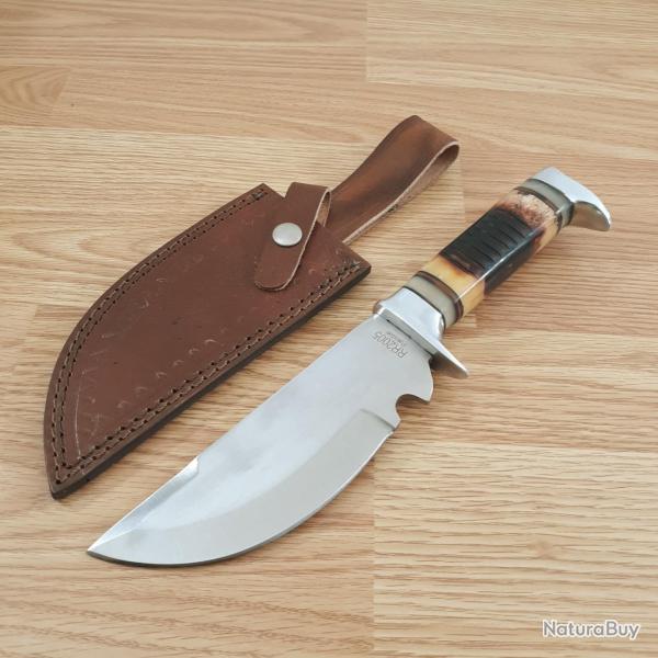 Gros Couteau de Chasse Bowie Bushcraft Lame Acier Carbone Manche Os Etui Cuir 005