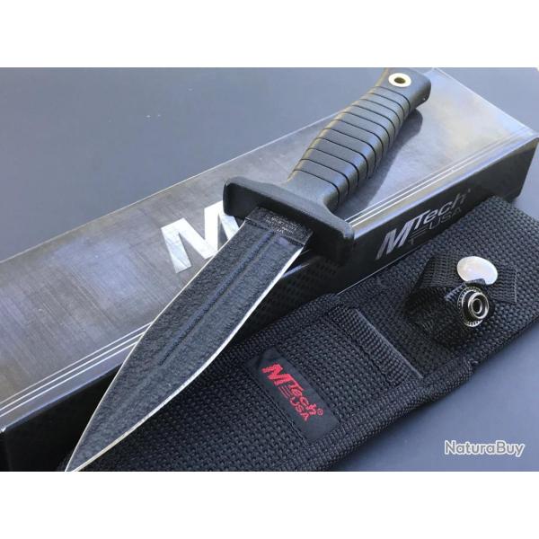 POIGNARD DAGUE DOUBLE TRANCHANT BLACK TACTICAL MTECH Lame Acier 440 Manche ABS Etui Nylon 6BK