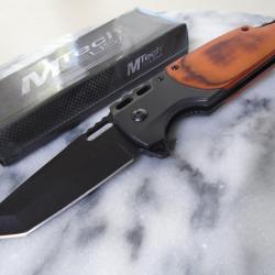 Couteau MTech Semi Automatique Lame Tanto Acier 3Cr13 Black Manche Bois Liner Lock Clip 09bn