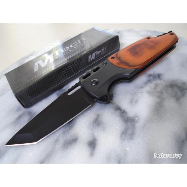 Couteau MTech Semi Automatique Lame Tanto Acier 3Cr13 Black Manche Bois Liner Lock Clip 09bn