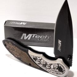 Couteau MTech Semi Automatique Manche Bois Fa&ccedil;on Crosse Marron Lame Black Acier 3Cr13 Linerloc 06bb