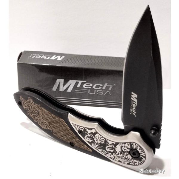 Couteau MTech Semi Automatique Manche Bois Fa�on Crosse Marron Lame Black Acier 3Cr13 Linerloc 06bb