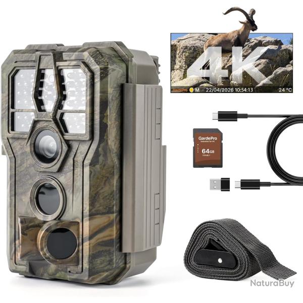 GardePro E5 2.0 Pro 4K Camera de Chasse, Carte SD de 64 Go, 64MP Cam�ra de Chasse, Camera Vision Noc