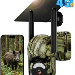 Cam&eacute;ra de Chasse 4G LTE Solaire 2K PTZ Vision Nocturne Audio Carte SIM D&eacute;tection PIR IP65 10400 mAh