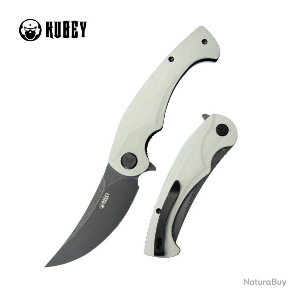 Couteau Kubey Scimitar Lame Acier 14C28N Sandvik black stonewash Manche G10 blanc liner lock KUB173J