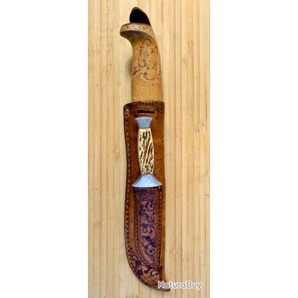 Couteau de chasse norv�gien Brusletto Geilo avec �tui sculpt� - vintage