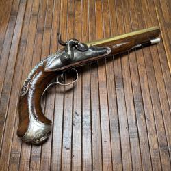 SUPERBE PISTOLET DE LUXE ANGLAIS SIGN&Eacute; WILSON A LONDRE XVlll &Eacute;ME TOUTES GARNITURES ARGENT MASSIF