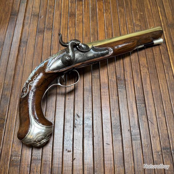 SUPERBE PISTOLET DE LUXE ANGLAIS SIGN� WILSON A LONDRE XVlll �ME TOUTES GARNITURES ARGENT MASSIF
