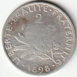 Pi&egrave;ce de Monnaie Argent France 2 francs Semeuse 1898 Rare Et Recherch&eacute;e