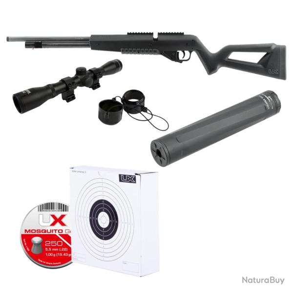 PACK COMPLET CARABINE ICONIX PCP 5.5MM (.22) 16J + PLOMB - CIBLE - SILENCIEUX - LUNETTE