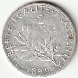 Pi&egrave;ce de Monnaie Argent France 2 francs Semeuse 1899 Rare Et Recherch&eacute;e