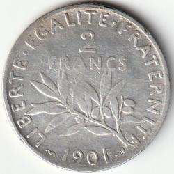 Pi&egrave;ce de Monnaie Argent France 2 francs Semeuse 1901 Rare Et Recherch&eacute;e